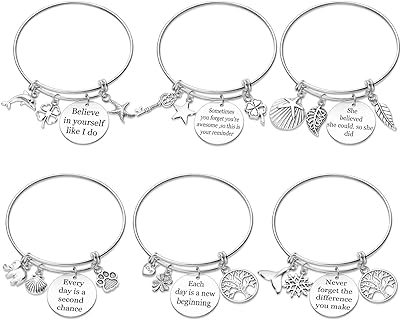 Henoyso 12 Pcs Inspirational Quote Bracelet Gifts Expandable Charm Pendant Bangle Gift Stainless Steel Jewelry Gifts for Graduation Birthday Women Niece Daughter Girl Motivational Gifts