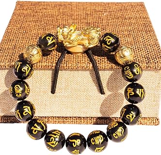 Double Safety Clasp Obsidian Bead Bracelet with Bead Chain for Men and Women, 24k Gold Plated Dragon Design to Attract Wealth and Good Luck