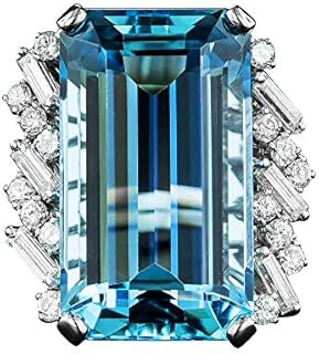 Uloveido Platinum Plated Emerald Cut Rectangular CZ Simulated Aquamarine Ring Wedding Birthstone Rings for Women Y926