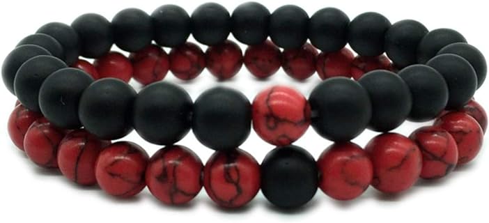 Couples' Long Distance Matte Agate Bead Bracelets with Bead Chain and Spring Ring Clasp by LeZisuIre CNLQ - Elastic Red