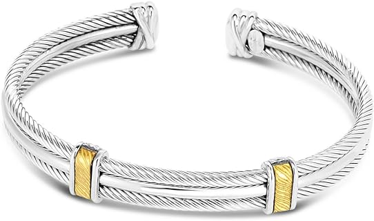 925 Sterling Silver 18k Gold and Polished Italian Cable Cuff Stackable Bangle Bracelet Jewelry Gifts for Women