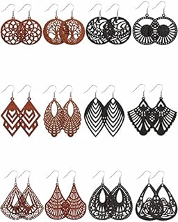 African-Themed French Wire Closure Wooden Dangle Earrings - Set of 12 Lightweight Bohemian Pendant Drop Earrings with Alloy Gems