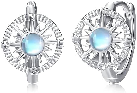 Compass Earrings 925 Sterling Silver Moonstone North Star Huggie Hoop Earrings Nautical Compass Jewelry Birthday Gift for Women Girls