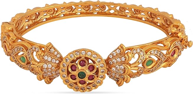 Gold-Plated-Brass Indian Bangle Bracelets by TARINIKA - Antique Floral Design with Cubic Zirconia & Lobster Claw Clasp - Perfect Ethnic Accessory for Women