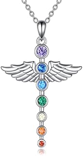 YAFEINI 925 Sterling Silver Chakra Necklace with Intricate Cubic Zirconia Angel/Tree of Life Pendant & Lobster Clasp on a Crystal Chain – Spiritual Healing Jewelry for Women & Girls