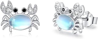 Sterling Silver Sea Crab Stud Earrings with Moonstone - Hypoallergenic Screw Back Ocean Themed Jewelry Gifts for Women and Girls - No Gemstone Design