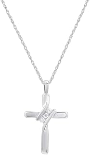 GILDED Small 10K White Gold Natural Round-Cut Diamond Accent (I-J Color, I2-I3 Clarity) 3 Stone Cross Pendant-Necklace,18"