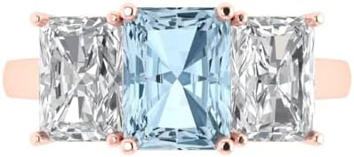 4 ct Emerald Cut Natural Aquamarine 14k White Gold Three-Stone Wedding Engagement Bridal Promise Ring