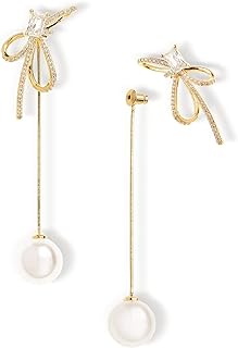 Sonateomber Gold Pearl Drop Dangle Prom Earrings for Women Girls, Rhinestone Bow Sunflower Statement Fashion Jewelry Gift