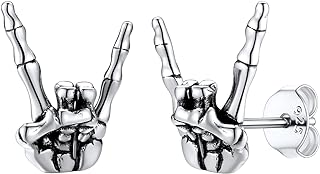 SILVERCUTE Skull Stud Earrings, Men Womens Personalized Punk Gothic Earrings, Sterling Silver Bat/Fire/Skeleton/Skull Hand Earrings for Halloween Party, Hypoallergenic