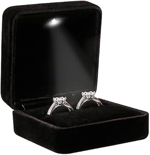 Diamond Shaped, Multifunctional Velvet Jewelry Gift Box with LED Light by Omeet in Glossy Black Metal - Perfect for Engagement or Proposal Rings for Women