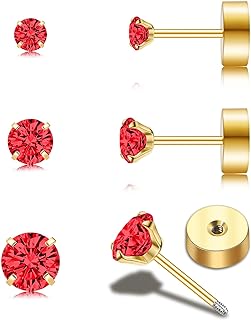Handmade Tiny Flat Back Stud Earrings: 3 Pairs 14K Gold Plated Screw Flatback 2 3 4mm Cubic Zirconia Earrings Cartilage Piercing Jewelry for Women Helix Tragus Earlobe, Metal, Cubic Zirconia