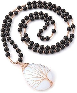 Top Plaza Healing Crystal Amethyst Necklace Natural Stone Beads Life Tree Wire Wrapped Teardrop Gemstone Pendant Jewelry for Women Girls for Mom