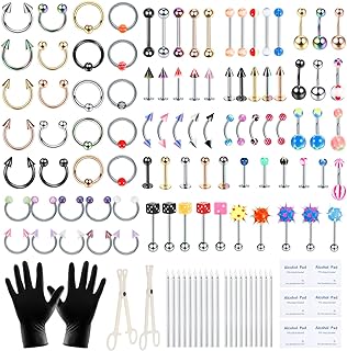 Xpircn 120PCS Piercing Kit Stainless Steel Acrylic 14G 16G Nose Septum Horseshoe Lip Tongue Eyebrow Tragus Belly Tongue Nipple Barbell Rings Piercing Jewelry Kit Tool