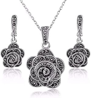 Vintage Black Crystal Rose Flower Necklace and Earrings Set with Lobster Clasp, Perfect Gift for Ladies, Geometric Design