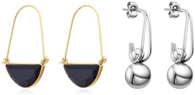 Women's Gold-Plated Stainless Steel Double Hoop Earrings with Natural Lapis, Rose Quartz, Black Onyx & Agate Stones