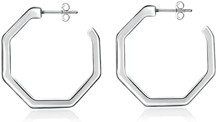 Chunky Open Hoop Earrings Women: 14K Gold Plated Octagon Geometric Simple Hypoallergenic Fashion Hoop - Small Unique Dainty Minimalist Modern Chic Ear Jewelry Stylish Trendy for Girl Teen