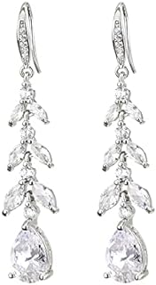 Sterling Silver Bridal Dangle Earrings with Clear Cubic Zirconia Stones, Push Back Design for Brides, Leaf Design