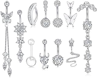 WAINIS 11PCS 14G Surgical Steel Belly Button Ring for Women Belly Piercing Dangling Cute CZ Butterfly Navel Rings Pack