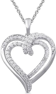 Jewelili Double Heart Necklace Pendant with Natural White Round Diamonds 1/2 Cttw in Sterling Silver 18 Inch Cable Chain