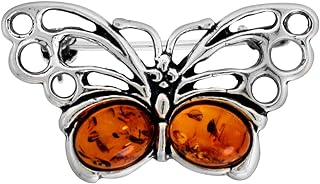 Sterling Silver Baltic Amber Butterfly Brooch Pin for Women Antiqued Finish Approx. 1 1/4 inch Wide