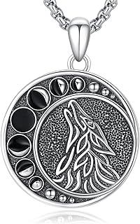 Sterling Silver Wolf Moon Phase Necklace with Lobster Claw Clasp and Stainless Steel Bead Chain, Symbolic Viking Fenrir with Nordic Runes Vegvisir & Thors Hammer Design - Perfect Gift for Men, Women & Teens