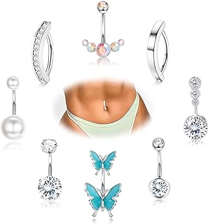 FIASASO 8Pcs Gold Belly Button Ring Surgical Stainless Steel Belly Rings CZ Opal Pearl Belly Button Ring Clicker Belly Piercings for Women Navel Piercings Pack Silver/Gold
