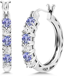 Elegant 925 Sterling Silver Hoop Earrings with Blue Tanzanite and White Lab-Grown Diamonds for Women, Hinged Post Clasp, Classic Hoop Design