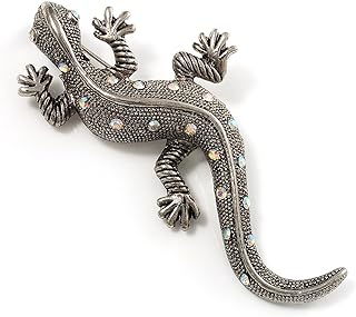 Large Vintage Diamante Lizard Brooch (Silver Tone)