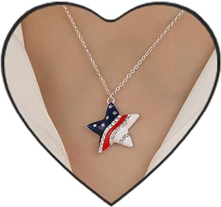 4th of July Patriotic Zinc Necklace with Cable Chain and Star-shaped Cubic Zirconia Pendant - USA Independence Day Keepsake Jewelry Gift for Women and Girls