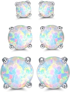 18K White-Gold-Plated Push Back Created Opal Stud Earrings (3 Pack) by Barzel - Perfect Jewellery Gift for Women, Mix & Match Design