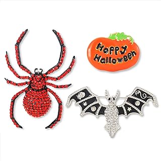 Jack O Lantern Pumpkin, Bat and Spider Brooch Set with Pin Clasp for Women and Girls in Halloween-Themed Design