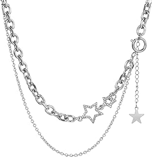 Double Layered Stacked Chunky Chain Choker Necklace For Women Teens Girls Y2k Star Statement Necklaces Silver Punk Asymmetric Diamond Necklace Jewelry
