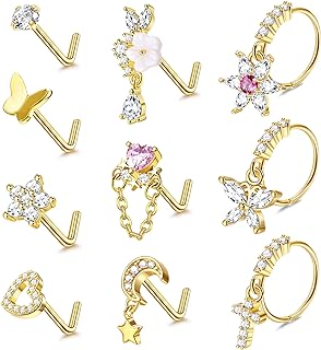 10 Piece Set of 20G Gold L-Shaped Nose Ring Studs for Women with Cubic Zirconia Cross, Butterfly Designs in Hypoallergenic Brass