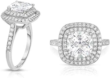 White Gold Plated Dual Halo Women's Engagement Ring with Cushion Cut Cubic Zirconia, Ring Size 6