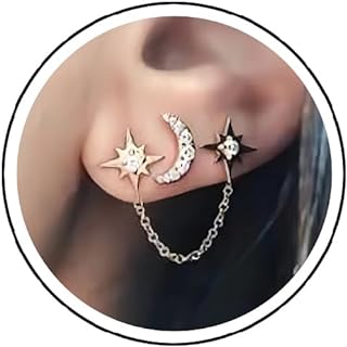 14k Gold-Plated Double Stud Chain Earrings with Push Backs for Women - Copper and Plastic Moon and Star Design - Perfect for Sensitive Ears & Unique Handmade Jewelry Gift