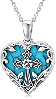 Heart Shaped Locket Necklace That Holds 1 Picture 925 Sterling Silver Genuine Turquoise Cross Pendant Personalized Photo Jewelry Gifts for Women Girls
