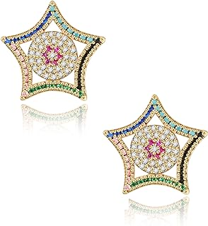 Radiant 14K Gold-Plated Sun Pentagram Earrings With Colorful Zircon Earrings - Lightweight, Low Allergenic,Fashion Jewelry Suitable For Girls And Women - Ideal Gift