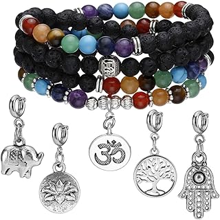 Jovivi 6mm Mala Beads 108/Lava Rock 7 Chakra Tree of Life/Hamsa/OM/Lotus/Elephant Charm Healing Crystal Bracelet Necklace