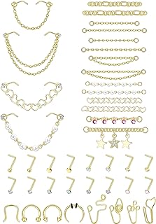 20G Nose Rings Studs with Chains African Nose Ring Cuff Horseshoe Septum Rings Stainless Steel Star Heart Nose Ring Chain Piercing Jewelry Set for Women Men