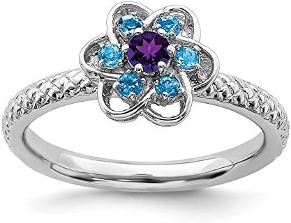 925 Sterling Silver Stackable Ring with Prong-Set Amethyst and Blue Topaz for Women - Sizes 5-10