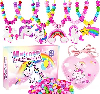 DIZRNOI Multicolored Unicorn Themed Bead Necklace Kit with Round Beads for Girls, Age 3-8 Years, DIY Jewelry Making Set