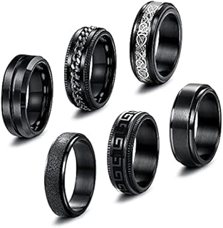 FIBO STEEL Unisex 6Pcs Spinner Rings Set with Cubic Zirconia-Greek Key Design-Stainless Steel-Size 6-13