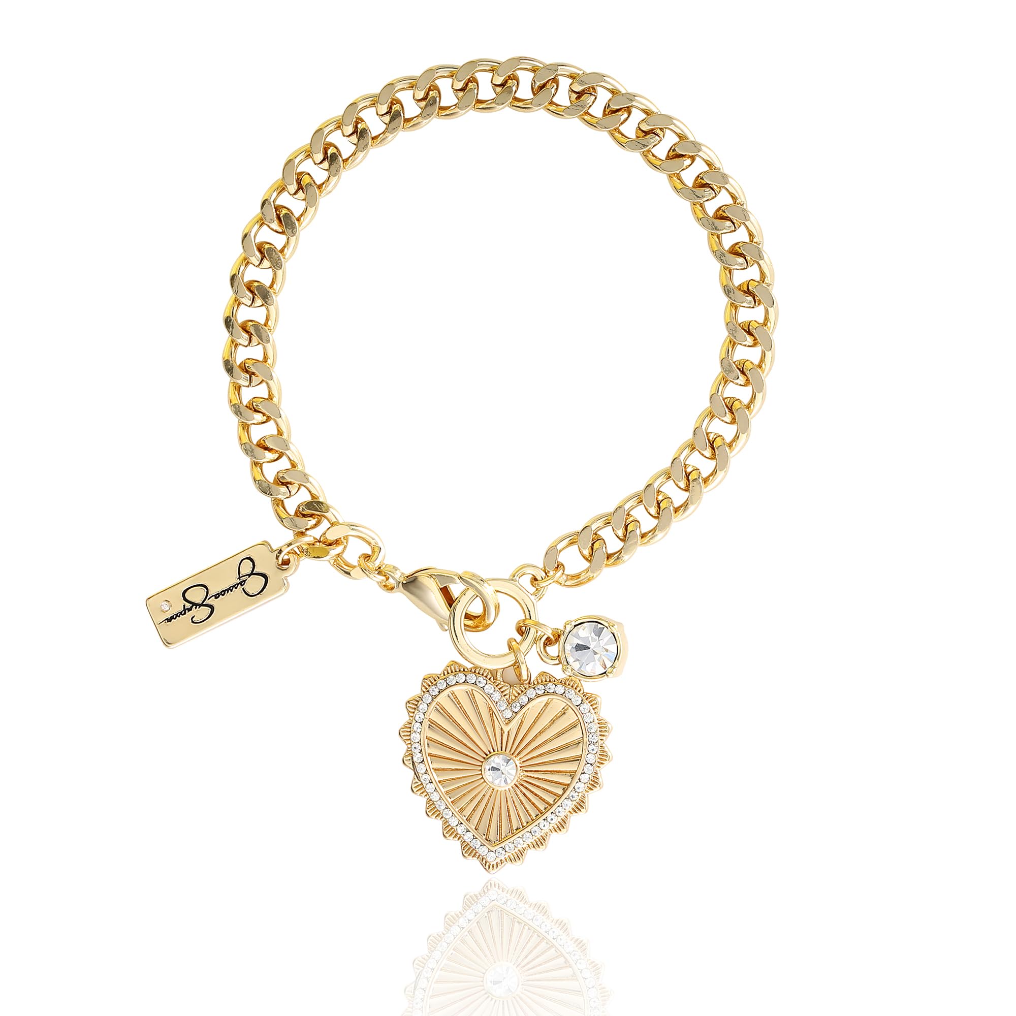 Jessica Simpson Womens Heart Charm Bracelet - Gold-Tone Charm Bracelet with Rhinestone Embellishments