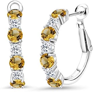 Gem Stone King 925 Sterling Silver Yellow Citrine and White Topaz Hoop Earrings For Women (2.89 Cttw, Gemstone November Birthstone, Round 4MM and 3MM)