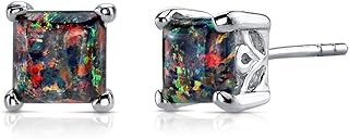 Peora Created Black Fire Opal Earrings 925 Sterling Silver, Scroll Gallery Solitaire Studs, 2 Carats Total Princess Cut 6mm, Friction Back
