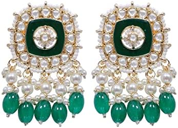 Crunchy Fashion Bollywood Indian Traditional Wedding Gold & Green Kundan Square Pearl Drop Dangler Earrings for women/girls