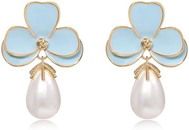 Flower Teardrop Pearl 14K Gold Plated Dangle Earrings for Women | Floral Enamel drop Ball Earrings | Lightweight Hypoallergenic
