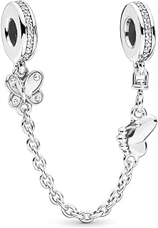 Sterling Silver Safety Chain Charm Bracelet with Lobster Clasp - Butterfly, Moon, Star, Flower Design - Compatible with Pandora