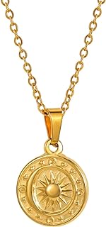 Stainless Steel Sun-Moon-Star Pendant Necklace with Cable Chain and Cubic Zirconia for Men and Women - Round-Holiday/Beach Design